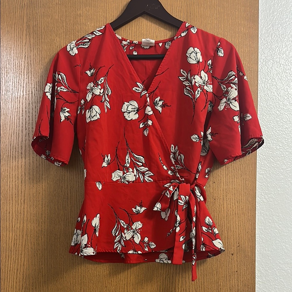 Kaileigh Red Flutter Sleeve Wrap Blouse